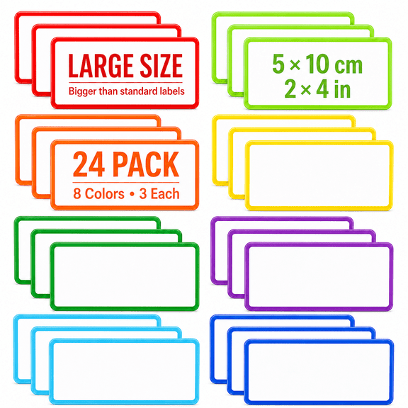 CAnq 24 Pack Dry Erase Magnetic Labels, 4"x2" Writable Name Tags for Whiteboard Fridge Locker Metal Shelves – 8 Colors, PET Coated