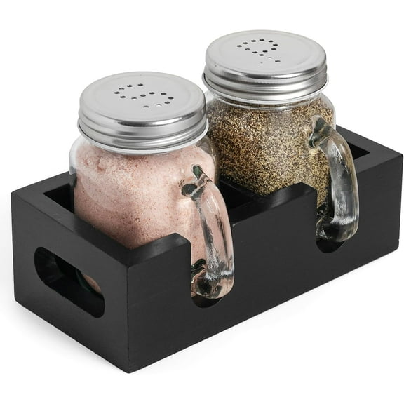 CB Accessories Mason Jar Salt and Pepper Shakers Set with Wood Caddy (Black)