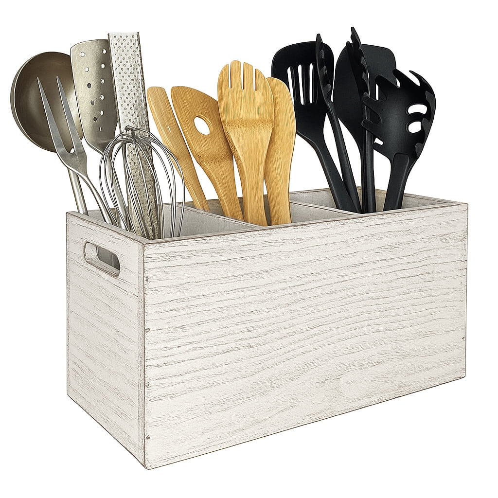 CB Accessories Utensil Holder in Rustic Wood for Farmhouse Kitchen Decor, Countertop Organizer and Cooking Tools Storage (White)