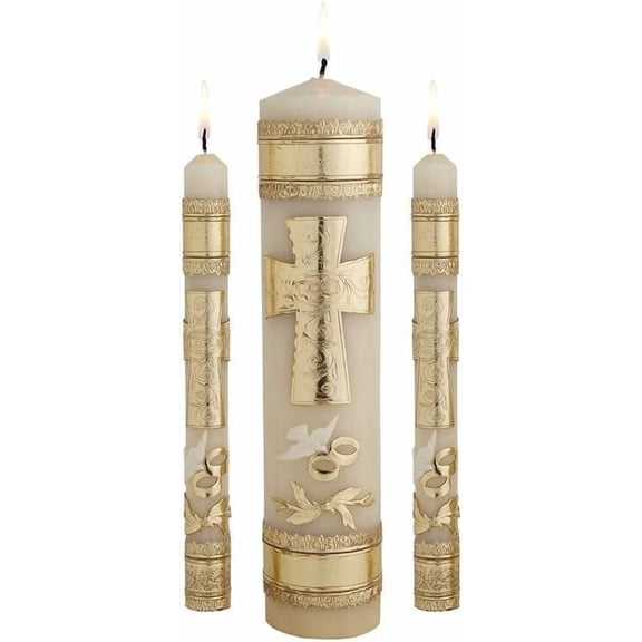 CB Church Supply Hand Crafted Wedding Candle Set by Will & Baumer, Set of 3, Cross & Rings