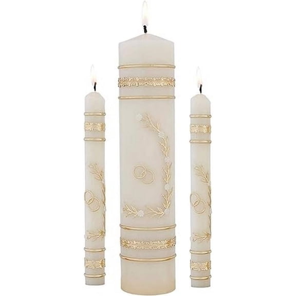 CB Church Supply Hand Crafted Wedding Candle Set by Will & Baumer, Set of 3, Flowers & Rings