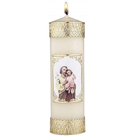 CB Church Supply Hand-Decorated Devotional Candles with Gold Wax Framed Image Will & Baumer Family Prayer Candle, 8-Inch, St. Joseph and Child