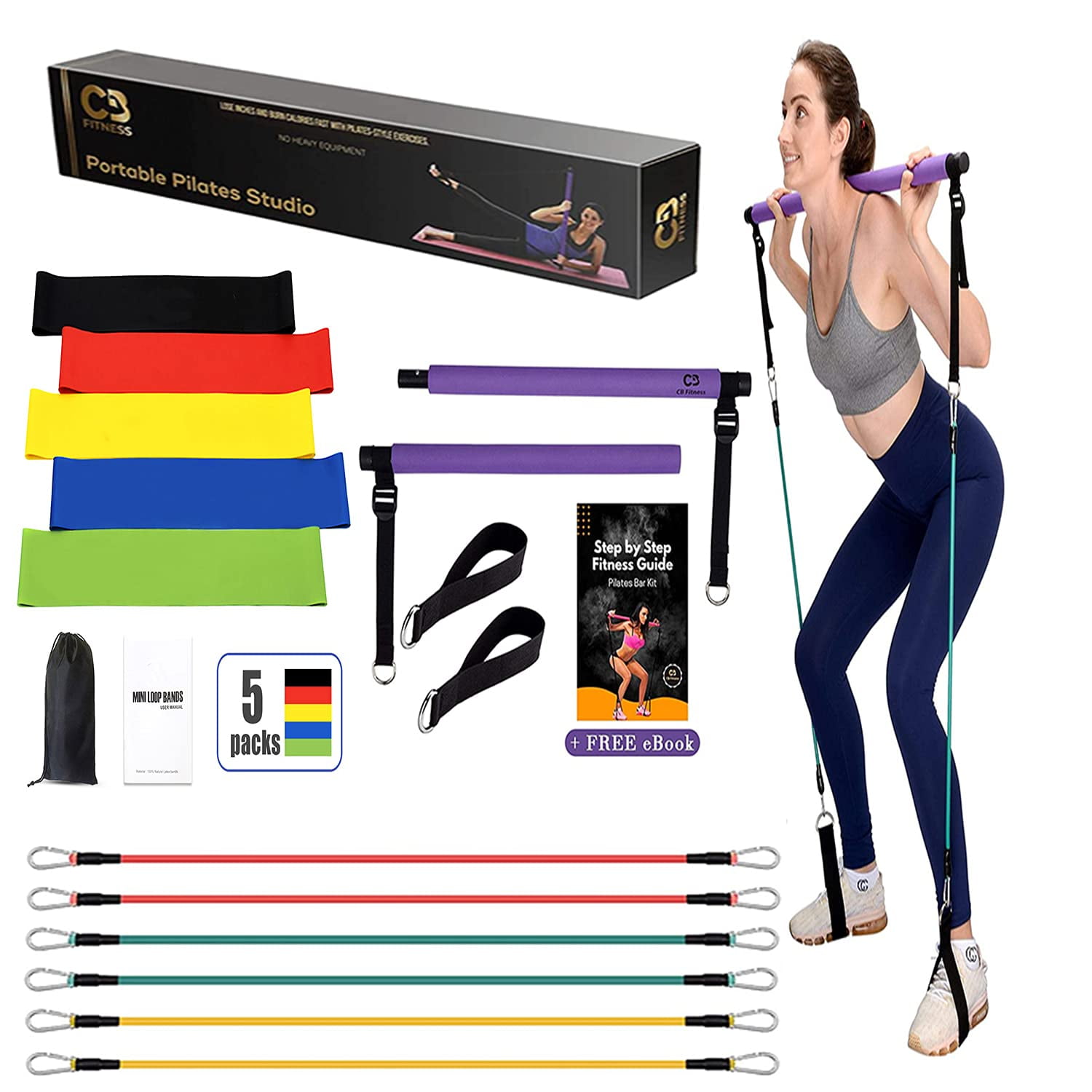 CB FITNESS Pilates Bar Kit with Resistance Bands Plus a Set of 5 Exercise Flex Bands Carry Bag