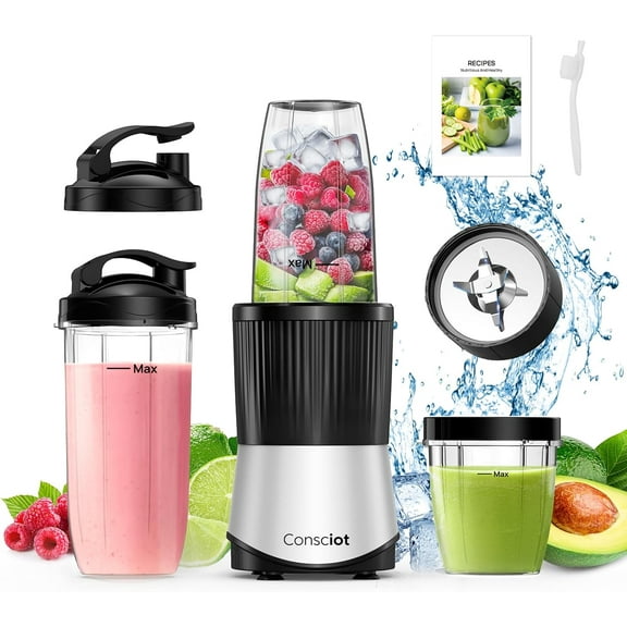 CB08 11-Piece Blender for Kitchen and Personal Size, Blend Shakes and Smoothies, Frozen Drinks, Baby Food, Spreads & More, 3 Portable To-Go Cups & 2 Spout Lids & 1 Solid Lid, 900 Peak Watts