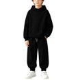 thumbnail image 1 of CBASIHI Boys 2 Piece Sweatsuit Sets Drawstring Elastic Waist Wide Leg Sweatpants Long Sleeve Hooded Sweatshirts Casual Athletic Fall Winter Workout Sets Black 10 T, 1 of 6