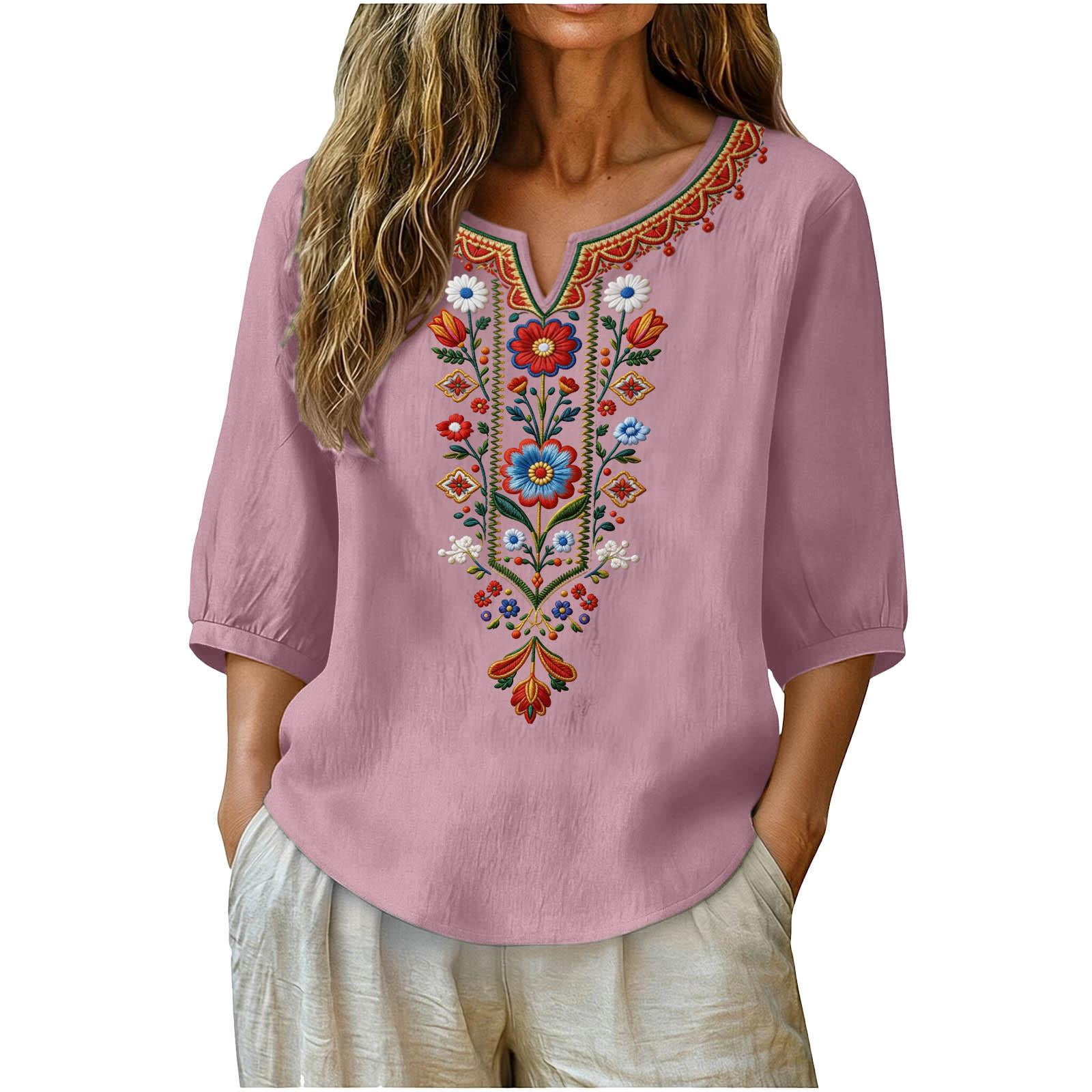 CBASIHI Cotton Linen Boho Floral Embroidered Tops for Women- 3/4 Sleeve ...