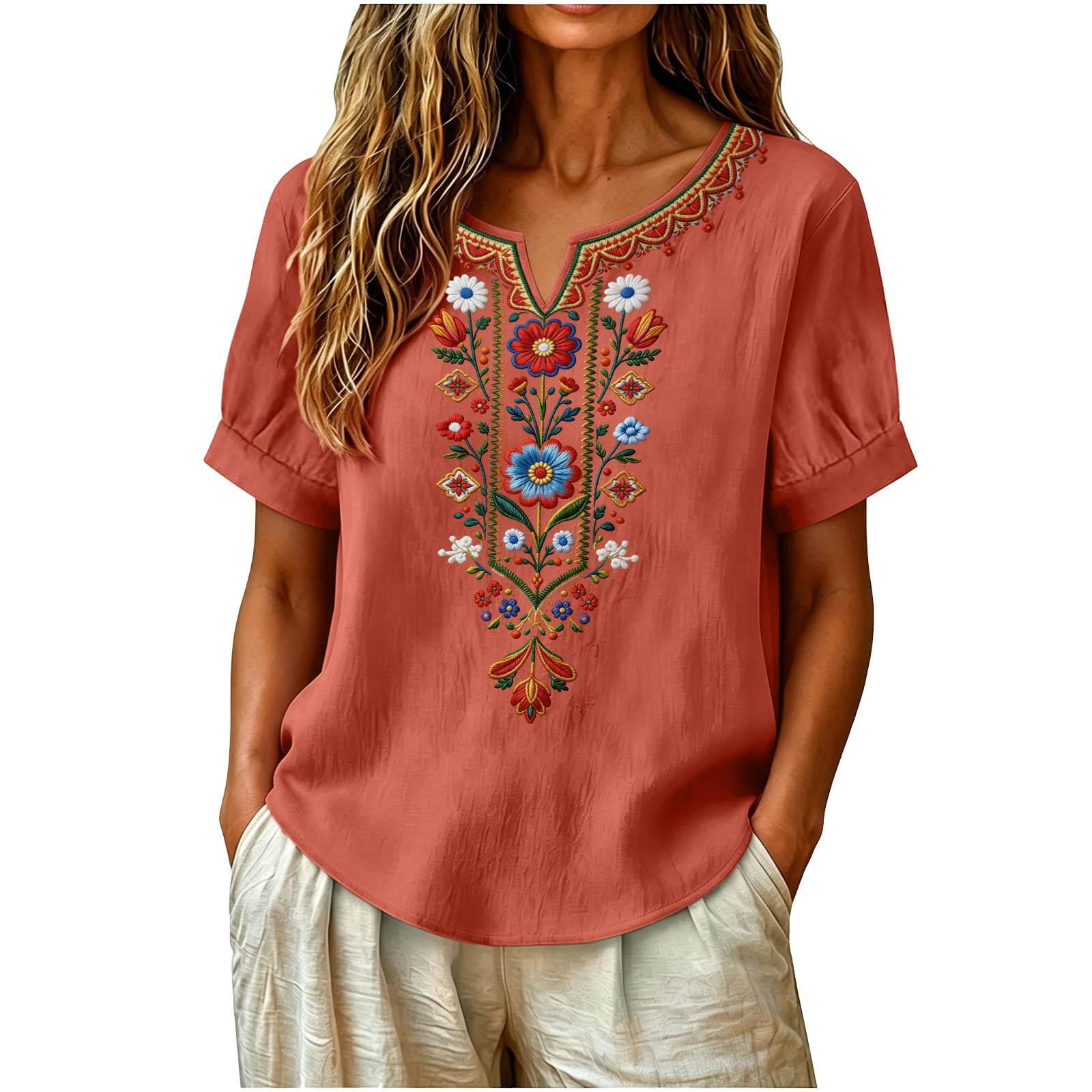 CBASIHI Cotton Linen Boho Floral Embroidered Tops for Women- V Neck ...