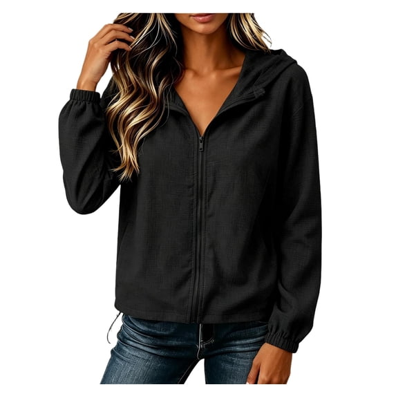 CBASIHI Cotton Linen Lightweight Jackets for Women- Fall Casual Athleisure Loose Fit Hooded Long Sleeve Zip Up Jacket Black Size XL
