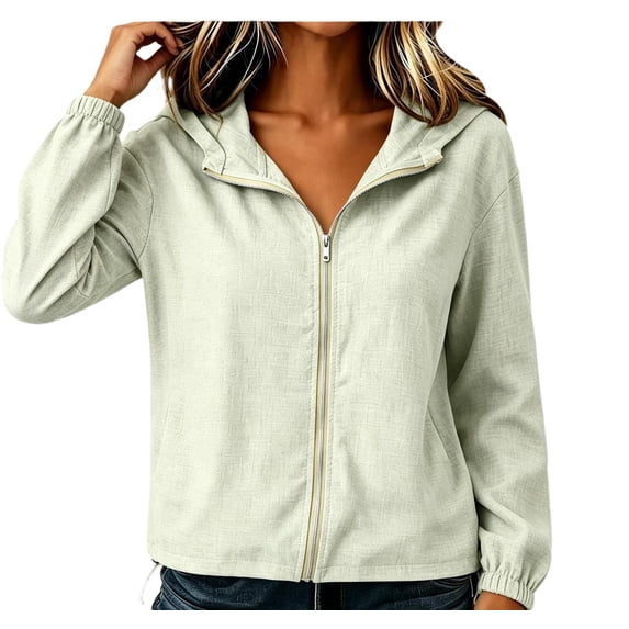 CBASIHI Cotton Linen Lightweight Jackets for Women- Fall Hooded Long Sleeve Loose Fit Casual Athleisure Zip Up Jacket Light Grey Size 3XL