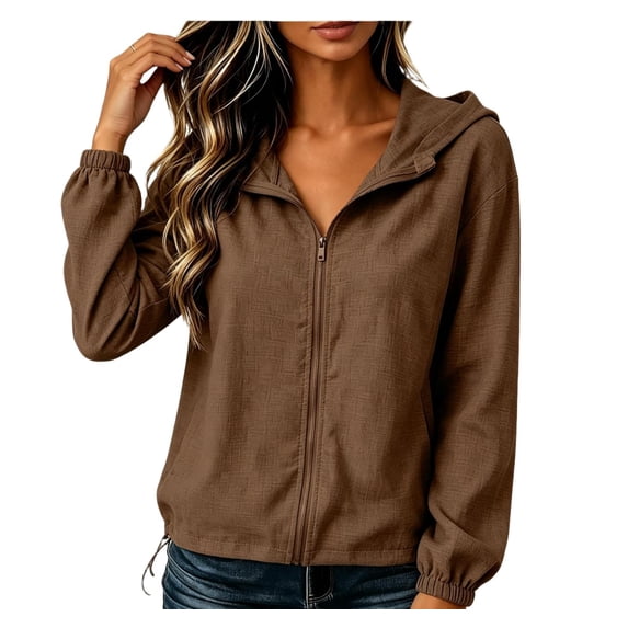 CBASIHI Cotton Linen Lightweight Jackets for Women- Loose Fit Hooded Long Sleeve Fall Casual Athleisure Zip Up Jacket Coffee Size 2XL