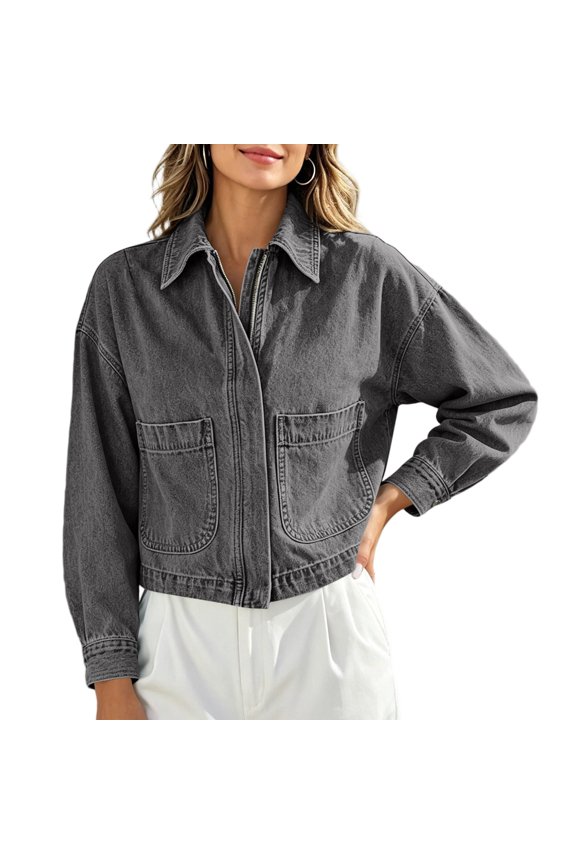 Cropped Denim Shirt Jackets for Women- Casual Fall Oversized Long Sleeve Zip Up Jean Jacket Gray Size L