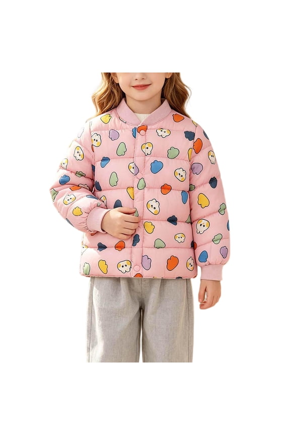 Girls Cartoon Padded Jackets- Winter Fall Stand Collar Long Sleeve Casual Cute Toddlers Thickened Quilted Coat Pink Size 2-8 T