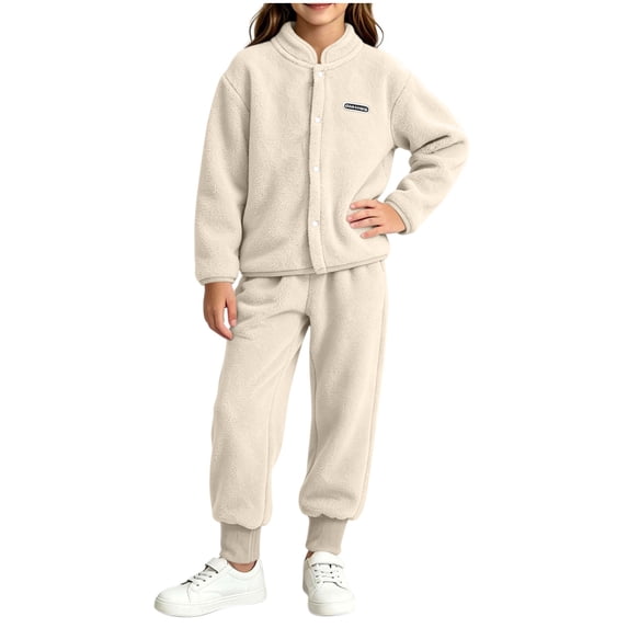 CBASIHI Girls Fluffy 2 Piece Sets Stand Collar Long Sleeve Jacket Casual Elastic Waist Jogger Cozy Sherpa Fall Winter Loungewear Outfit Beige 1 T
