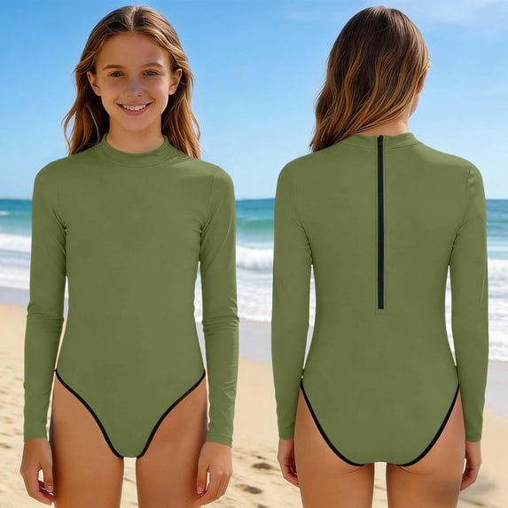 CBASIHI Girls One Piece Swimsuits- Summer Long Sleeve Quick Dry Back Half Zip Kids Beach Bathing Suits Black Size 7-8Years