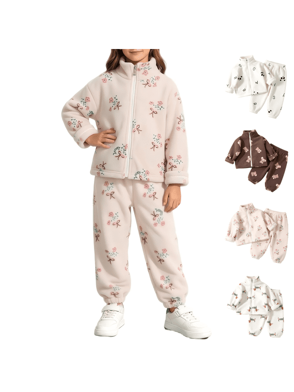Girls Warm Sherpa 2 Piece Sets Elastic Waist Jogger Pants Long Sleeve Zip Up Jacket Casual Cute Floral Fall Winter Outfit Floral 5 T