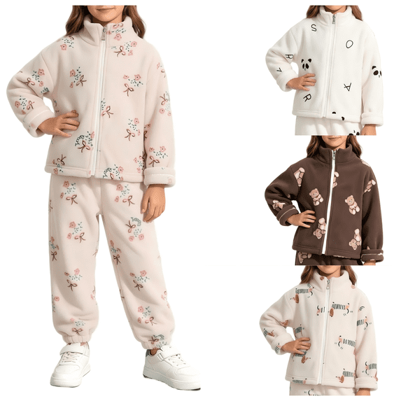 CBASIHI Girls Warm Sherpa 2 Piece Sets Floral Casual Cute Long Sleeve Zip Up Jacket Elastic Waist Jogger Pants Fall Winter Outfit Floral 6 T