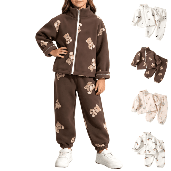 CBASIHI Girls Warm Sherpa 2 Piece Sets Long Sleeve Zip Up Jacket Elastic Waist Jogger Pants Teddy Bear Casual Cute Fall Winter Outfit Teddy Bear 1 T-12 T