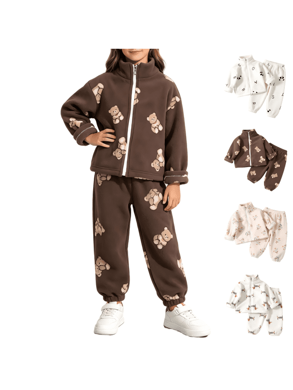 Girls Warm Sherpa 2 Piece Sets Long Sleeve Zip Up Jacket Elastic Waist Jogger Pants Teddy Bear Casual Cute Fall Winter Outfit Teddy Bear 4 T