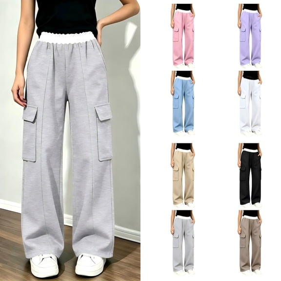 CBASIHI Girls Wide Leg Sweatpants with Pockets Contrast Elastic Waist Casual Workout Trendy Fall Baggy Cargo Pants Gray 5 T- 14 T