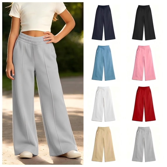 CBASIHI Girls Winter Wide Leg Sweatpants with Pockets Thickened Fleece Elastic Waist Casual Workout Warm Up Baggy Pants Pink 12 T