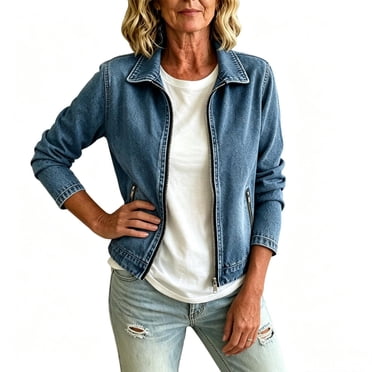CBASIHI Lightweight Denim Jackets for Women Trendy- Casual Collared Zip Up Fall Long Sleeve Cropped Jean Jackets with Pockets Blue Size S-2XL