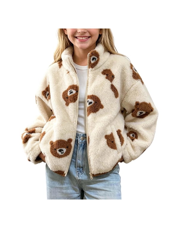 Little Girls Thick Warm Teddy Bear Coats with Pockets Winter Stand Collar Cute Casual Long Sleeve Fleece Jackets Beige Bear 5-6 T