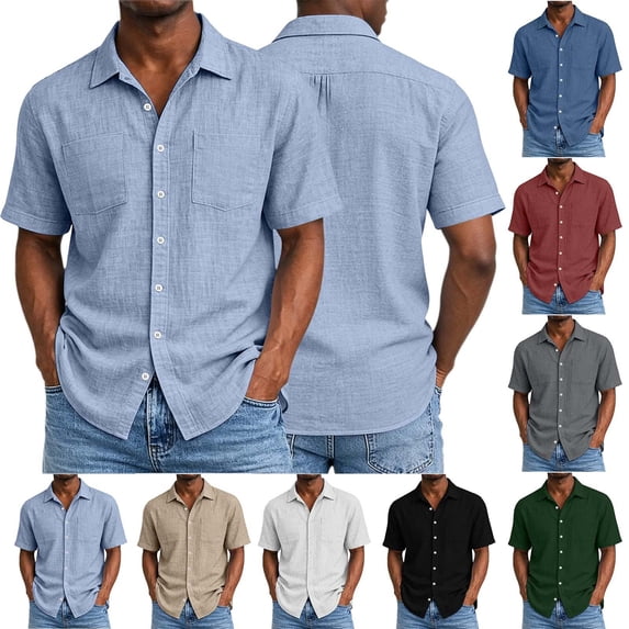 CBASIHI Mens Cotton Button Down Shirts- Short Sleeve Relaxed Fit Casual Dressy Summer Breathable Collared Office Work Tops with Pockets Light Blue Size S-2XL