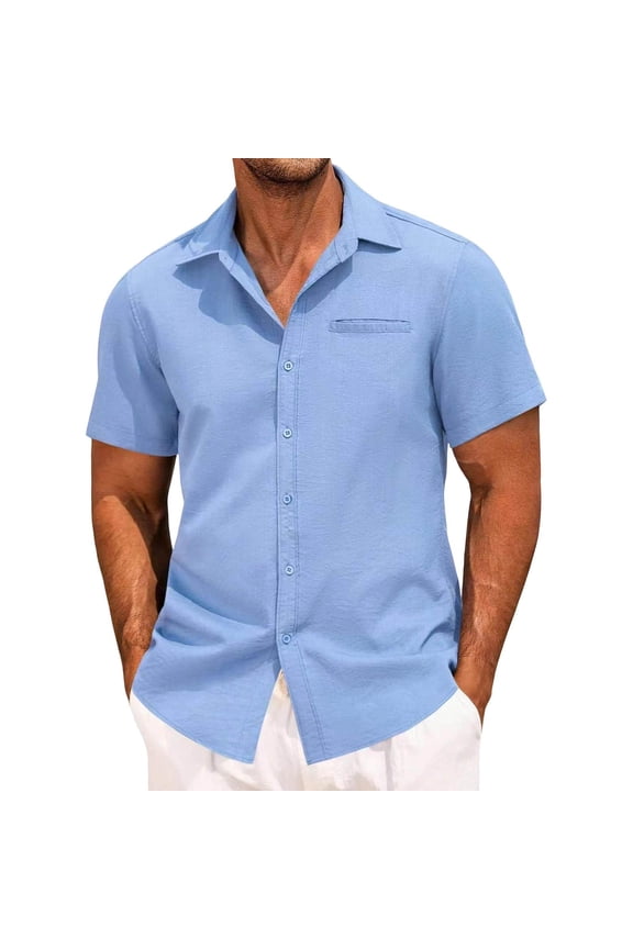 Mens Short Sleeve Dress Shirts with Pocket- Business Classic Fit Turndown Collar Casual Button Down Shirts Sky Blue Size M-3XL
