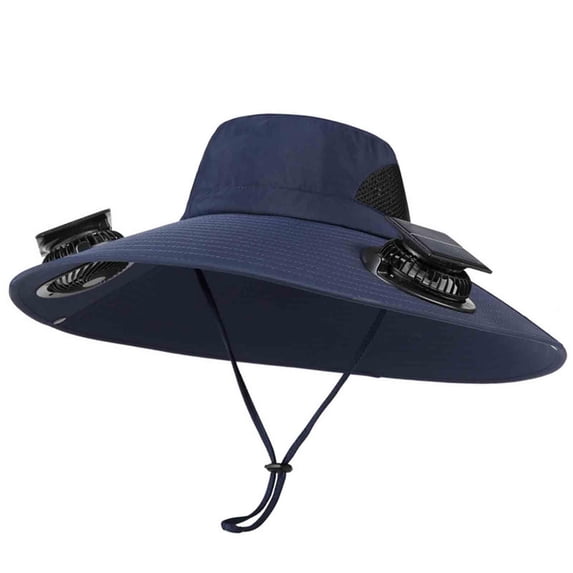 CBASIHI Mens Solar Fan Sun Hats- Wide Brim Fishing Hiking Outdoor Adjustable Rope Sun Hat with 2 Solars Fan Navy Size M