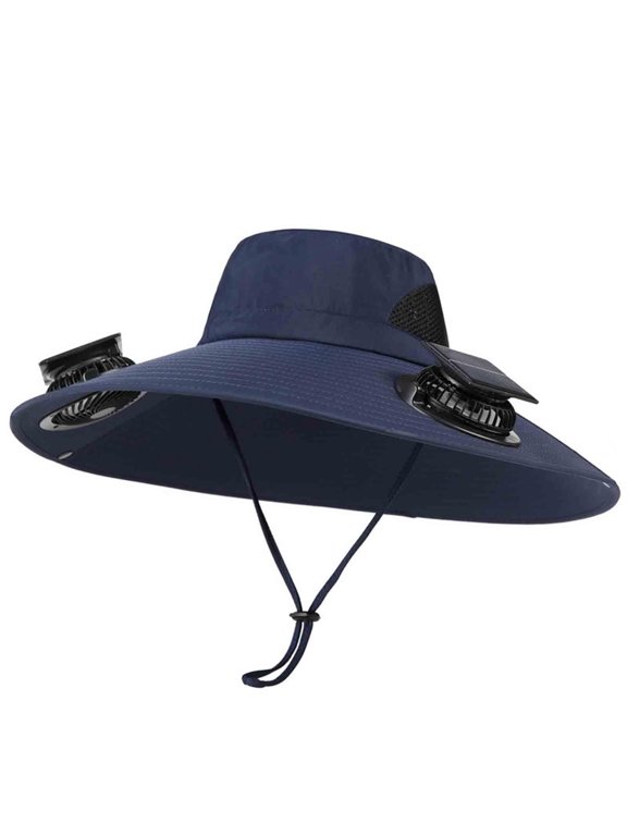 Mens Solar Fan Sun Hats- Wide Brim Fishing Hiking Outdoor Adjustable Rope Sun Hat with 2 Solars Fan Navy Size M
