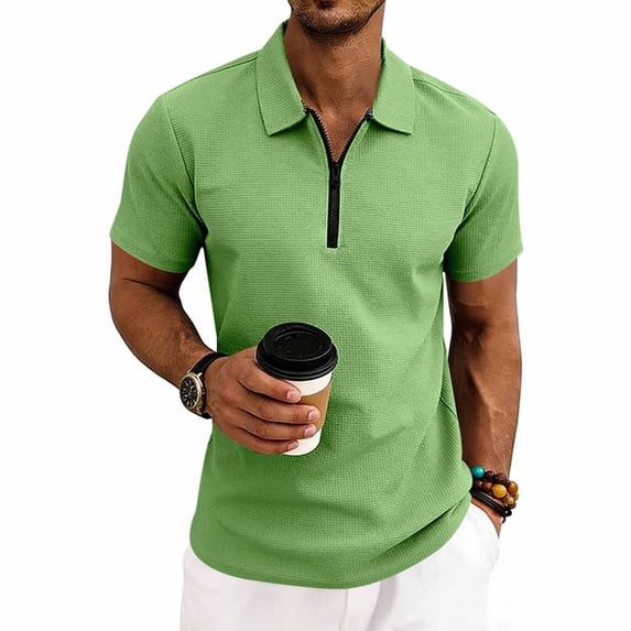 CBASIHI Mens Waffle Knit Polo Shirts- Casual Quarter Zip Performance Short Sleeve Summer Lightweight T-Shirt for Men Green Size M