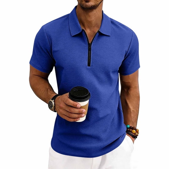 CBASIHI Mens Waffle Knit Polo Shirts- Short Sleeve Casual Quarter Zip Performance Summer Lightweight T-Shirt for Men Blue Size 2XL