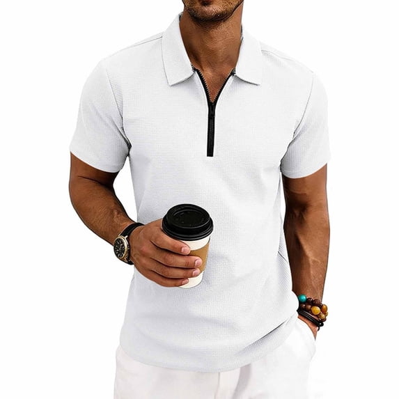 CBASIHI Mens Waffle Knit Polo Shirts- Short Sleeve Performance Quarter Zip Casual Summer Lightweight T-Shirt for Men White Size 3XL