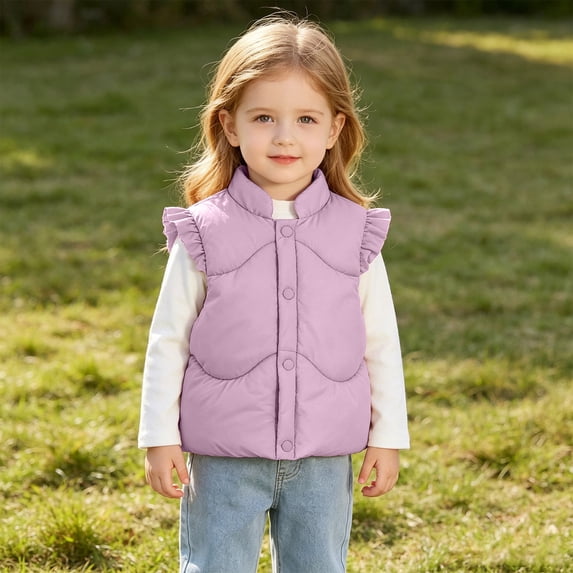 CBASIHI Toddler Girls Ruffle Sleeve Vests Lightweight Stand Collar Fall Winter Cute Casual Sleeveless Warm Jacket Purple 2T