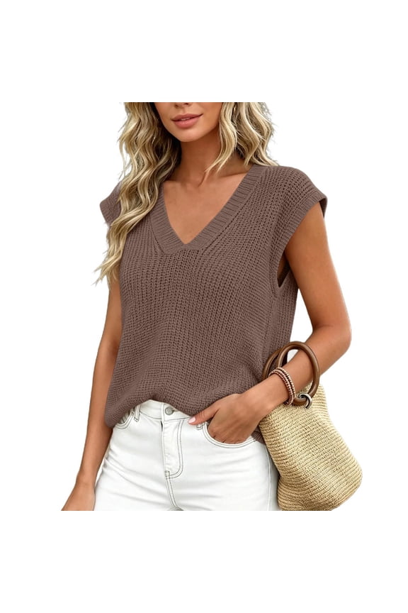 Womens Cap Sleeve Knit Sweaters Tank Tops- Pullover Summer Crochet V Neck Trendy Going Out Tops Brown Size M