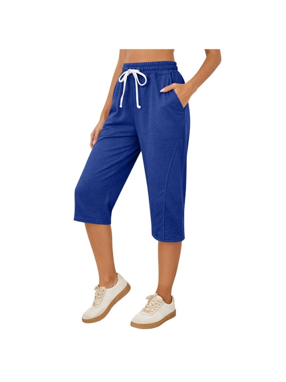 Womens Capri Yoga Pants with Pockets- Workout Stretchy Summer Relaxed Fit High Elastic Waist Athletic Causal Soft Joggers with Drawstring Blue Size S