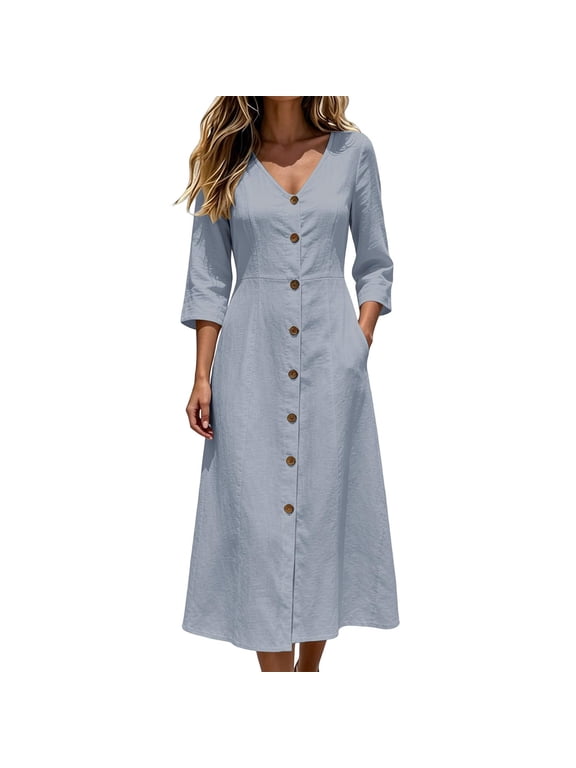 Womens Casual Cotton Midi Dresses with Pockets- V Neck Summer A Line 3/4 Sleeve Button Down Front Fit and Flare Dresses Gray Size L