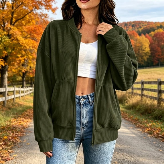 CBASIHI Womens Corduroy Zip Up Jackets- Long Sleeve Casual Vintage Collarless Fall Winter Oversized Bomber Jackets with Pockets Army Green Size M