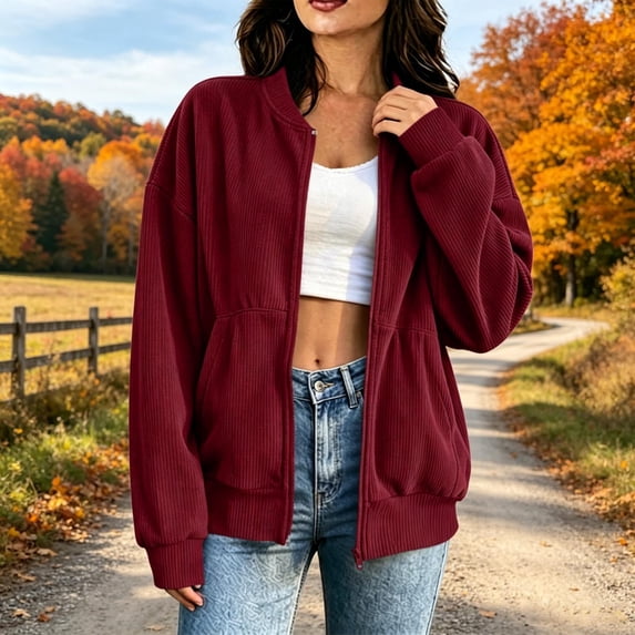 CBASIHI Womens Corduroy Zip Up Jackets- Long Sleeve Casual Vintage Collarless Fall Winter Oversized Bomber Jackets with Pockets Wine Size M