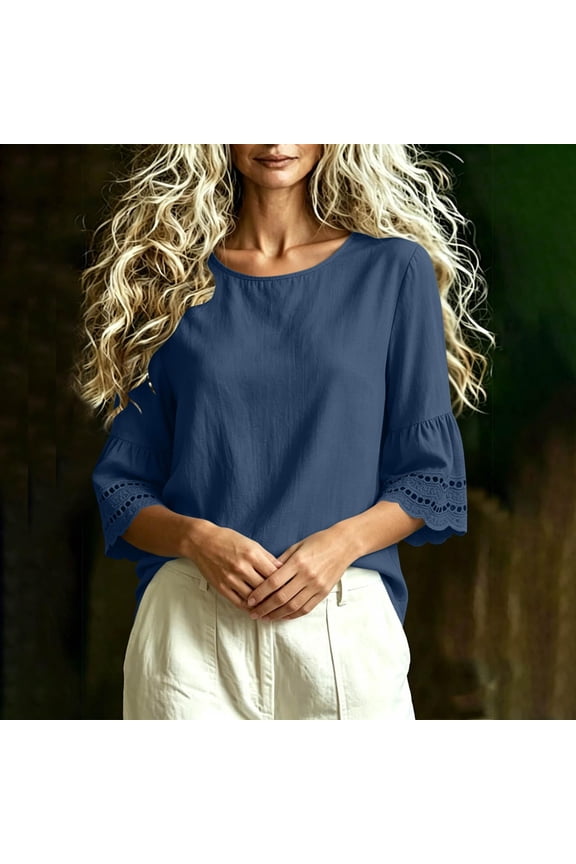 Womens Cotton Linen Oversized Tops- Vintage Elegant Casual Summer Crew Neck 3/4 Bell Sleeve Pullover Tunic Blouses Navy Size 2XL