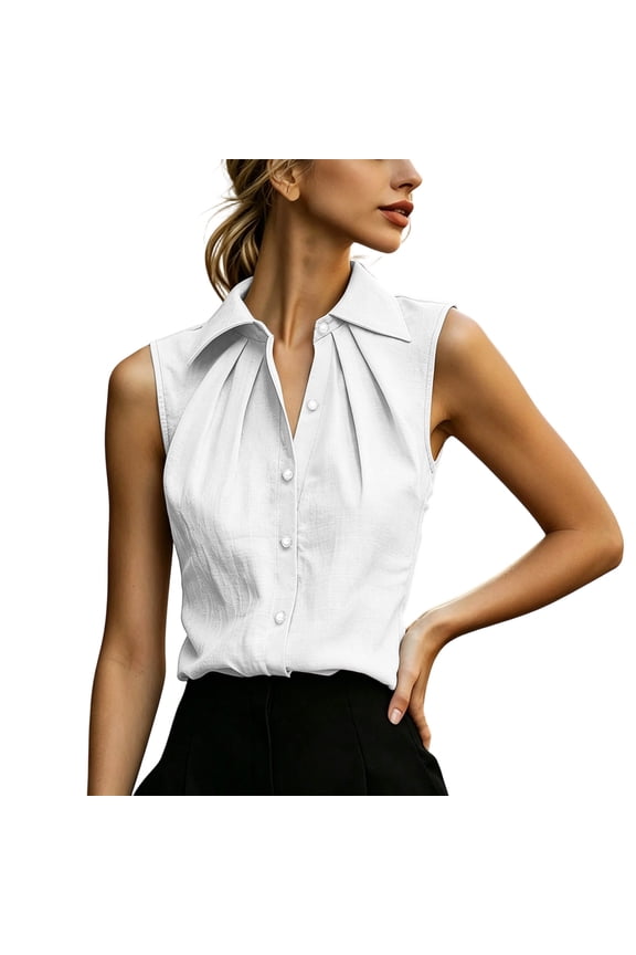 Womens Cotton Sleeveless Button Down Shirts- V Neck Summer Collared Casual Workwear Loose Fit Office Blouses White Size S