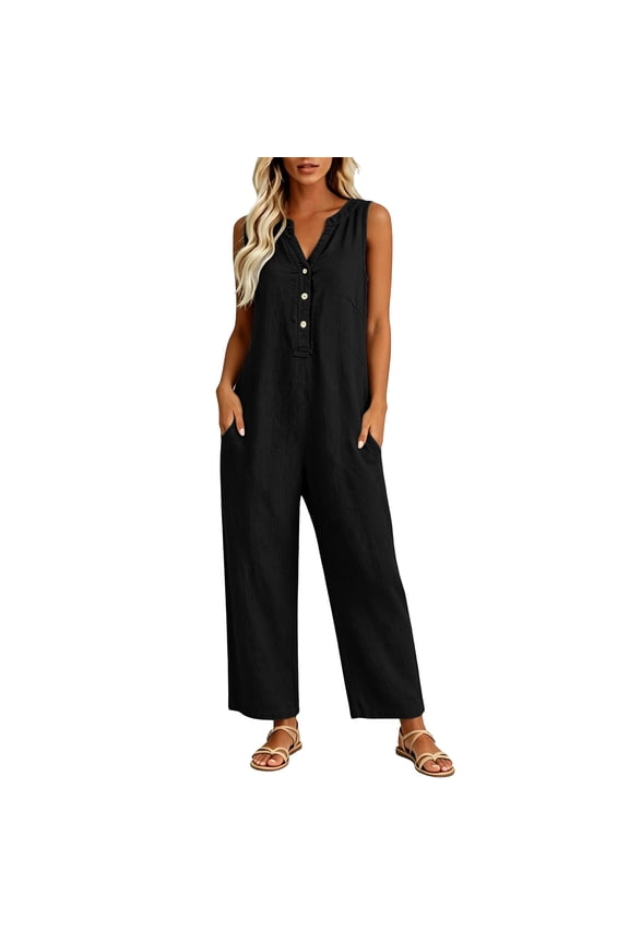 Womens Cotton Sleeveless Jumpsuits with Pockets- Breathable V Neck Wide Leg Loose Fit Casual Travel Rompers Black Size 3XL