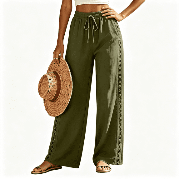 CBASIHI Womens Cotton Wide Leg Pants with Pockets- Drawstring Elastic Waist Vacation Beach Casual Elegant Summer Flowy Palazzo Pants Army Green Size M