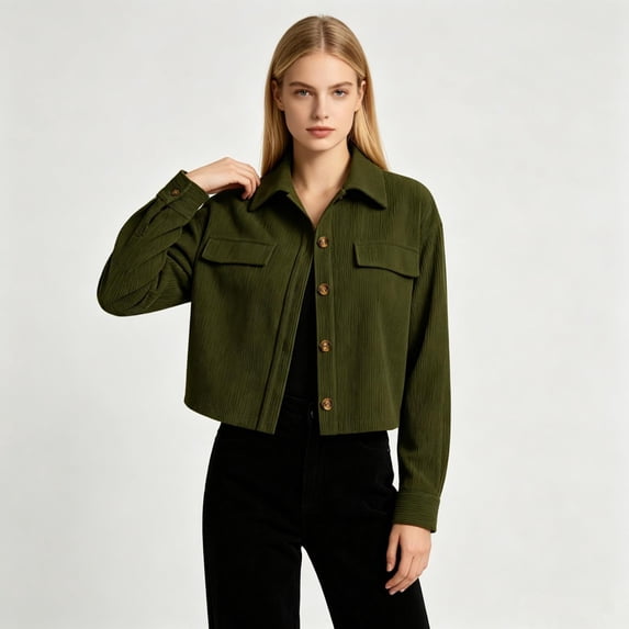 CBASIHI Womens Cropped Corduroy Jackets- Casual Vintage Lightweight Classic Collar Long Sleeve Loose Fit Button Down Shackets Army Green Size S