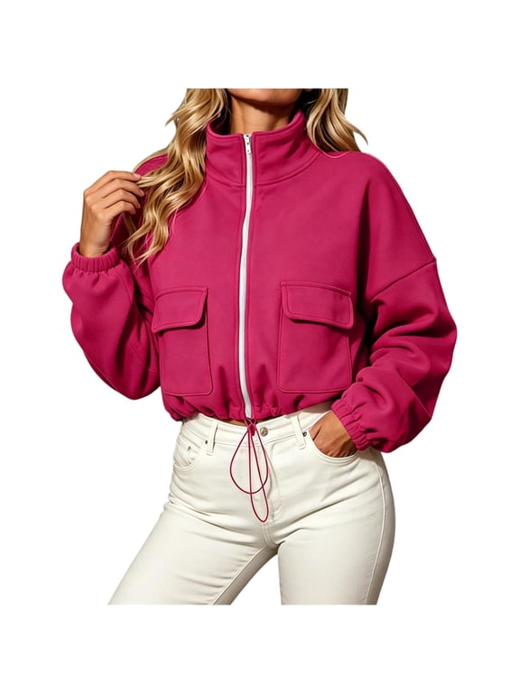 Womens Cropped Sweatshirts with Pockets- Casual Trendy Fall Loose Fit Stand Collar Zip Up Jackets Hot Pink Size L