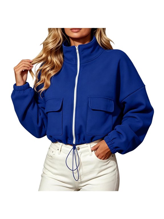 Womens Cropped Sweatshirts with Pockets- Casual Trendy Fall Stand Collar Loose Fit Zip Up Jackets Blue Size L