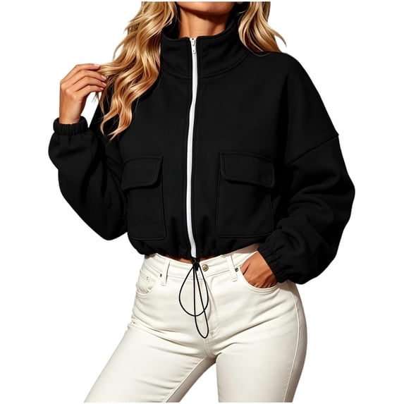 CBASIHI Womens Cropped Sweatshirts with Pockets- Loose Fit Fall Casual Trendy Stand Collar Zip Up Jackets Black Size M
