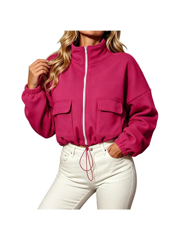 Womens Cropped Sweatshirts with Pockets- Stand Collar Casual Trendy Loose Fit Fall Zip Up Jackets Hot Pink Size 2XL