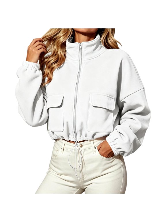 Womens Cropped Sweatshirts with Pockets- Stand Collar Loose Fit Casual Trendy Fall Zip Up Jackets White Size M