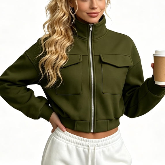 CBASIHI Womens Cropped Zip Up Bomber Jackets with Pockets- Long Sleeve Fall Stand Collar Loose Fit Casual Trendy Lightweight Coats Army Green Size S-2XL